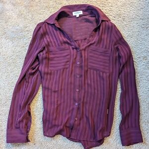 Express Sheer Striped Burgundy Button-Up Blouse Size Small
